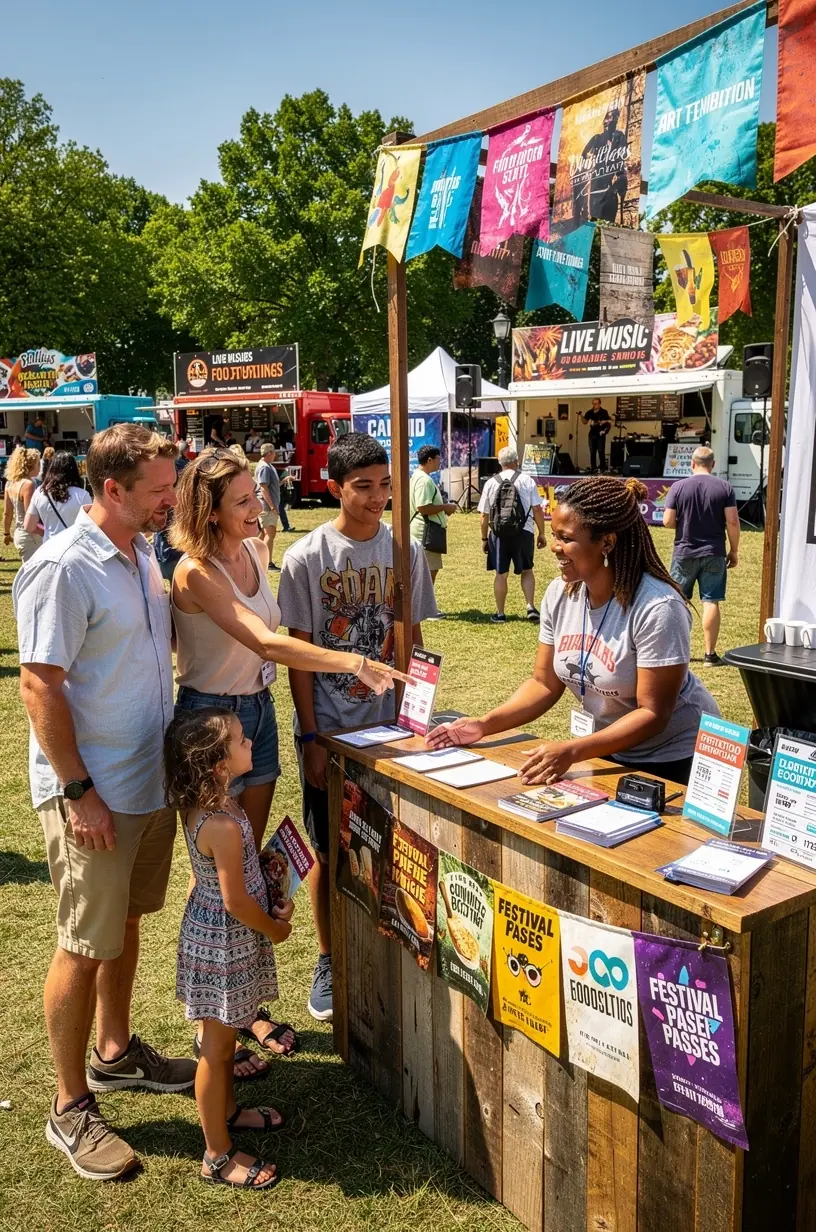 Турист с мобильным устройством проверяет расписание и доступные билеты на фестивали в одном месте.
