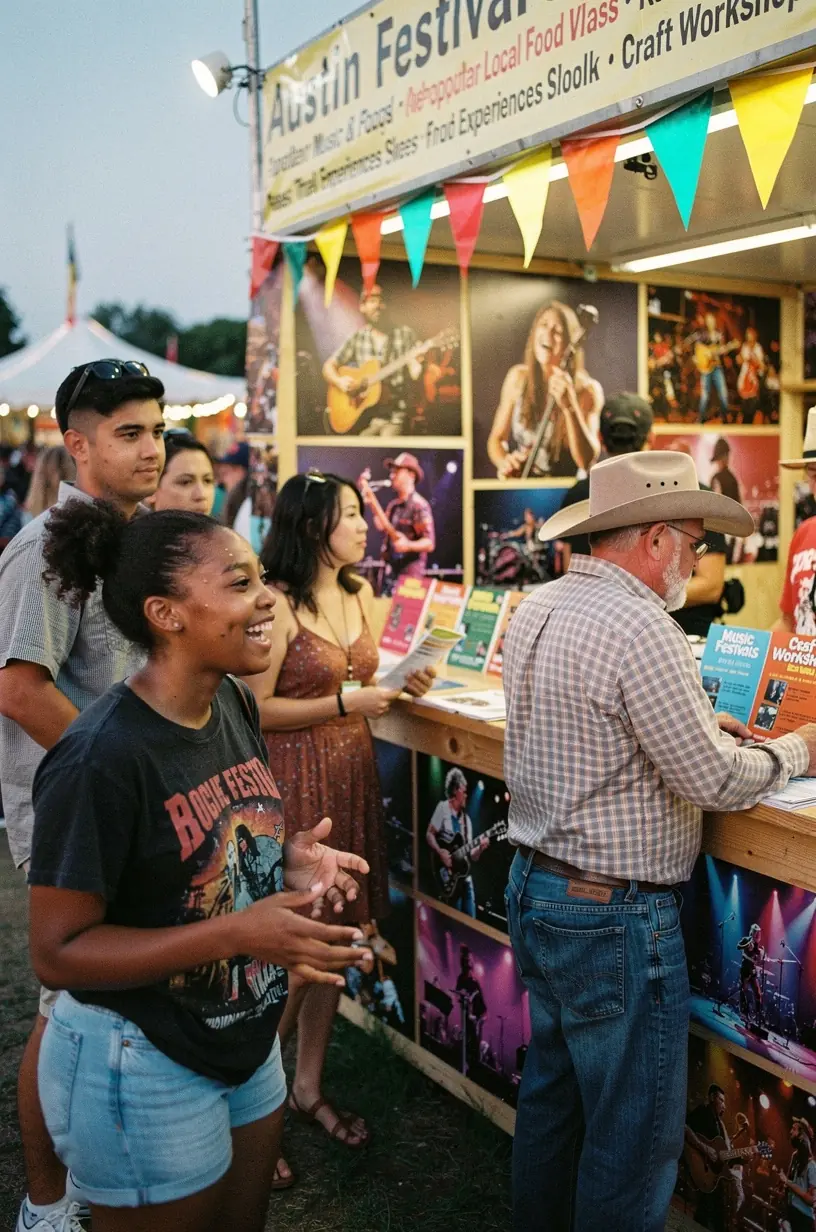 Визуальная схема организации фестивалей с указанием точек продажи билетов и способов передвижения между ними.