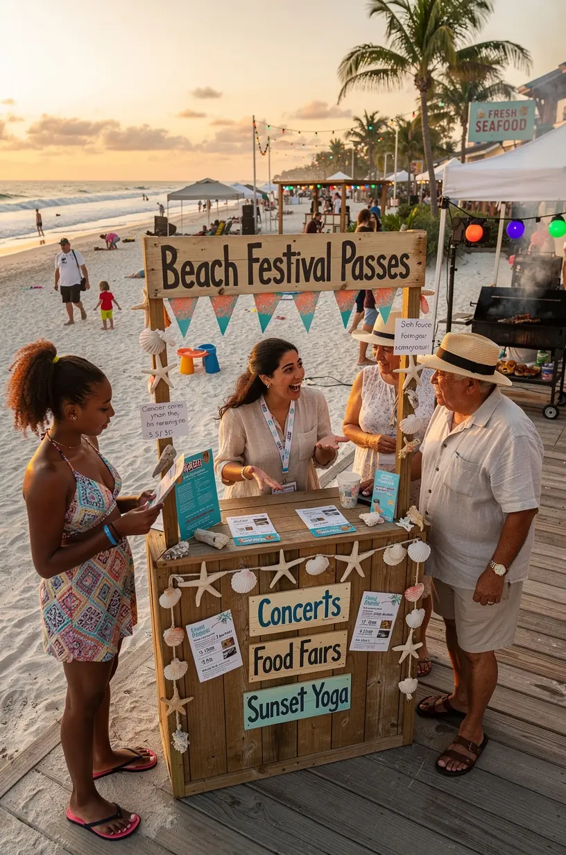 Палатка с информацией о местных фестивалях и предложениями комплексных билетов для туристов.